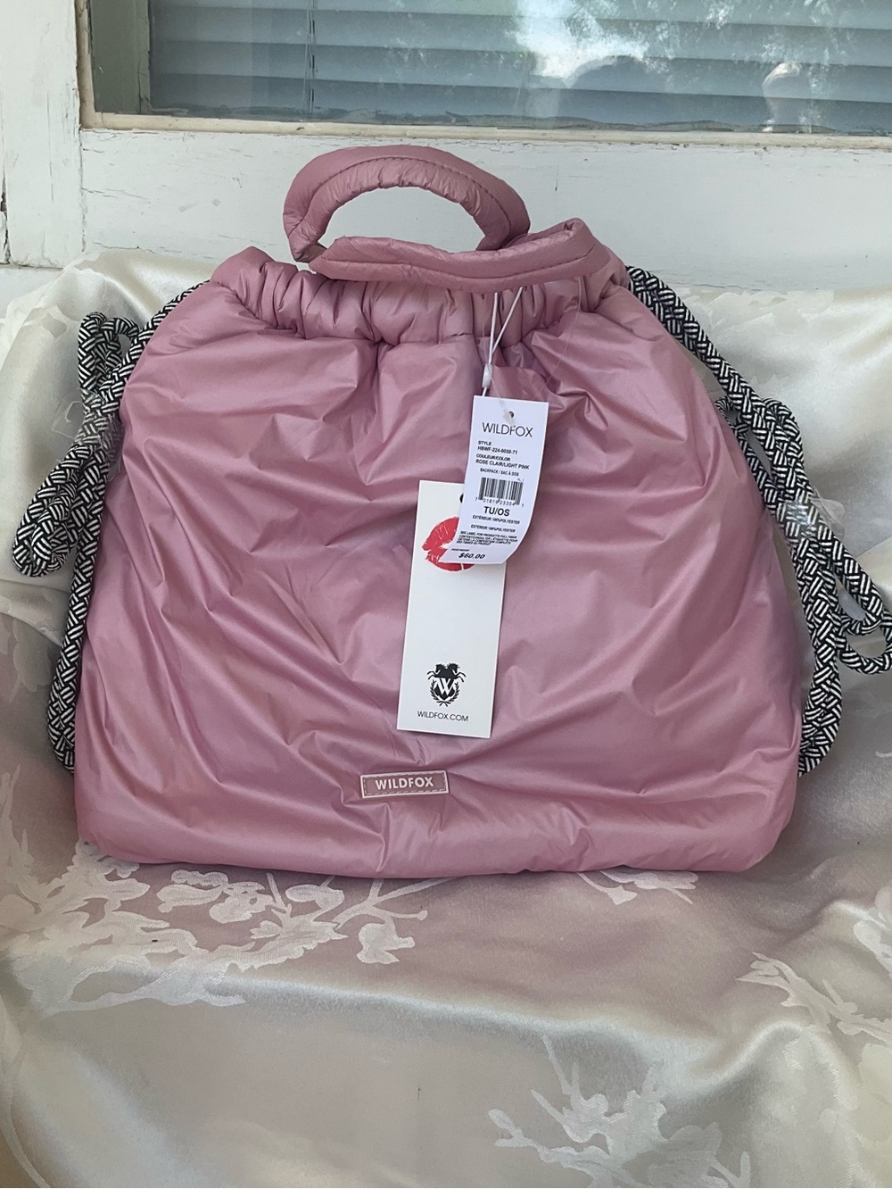 Wildfox Rose Clair Pink Puffy Drawstring Backpack Bag